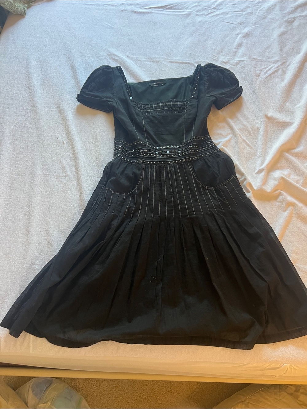 BCBGMaxAzria Black Puff-Sleeve Midi Dress with Embellished Waist
